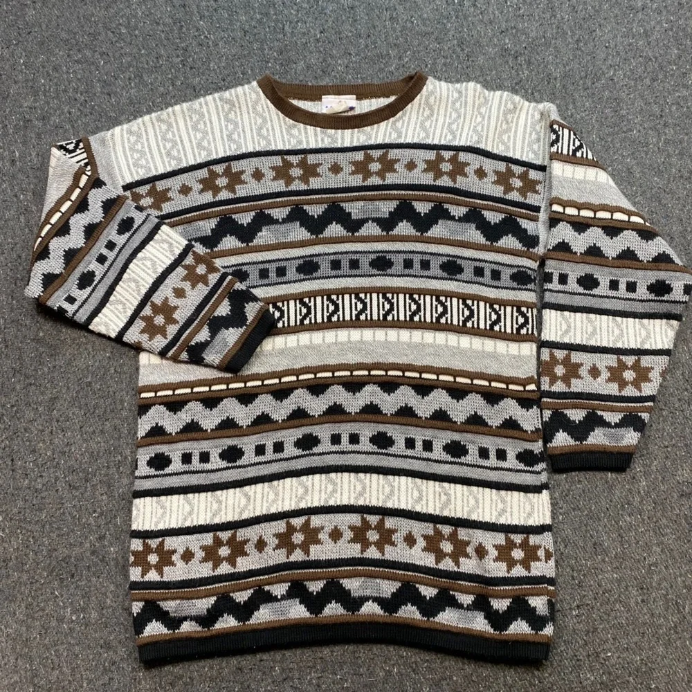 JJ Poole Geometric Fair Isle Sweater Sz S Mens Brown Grey 90s Skater Knit Crew